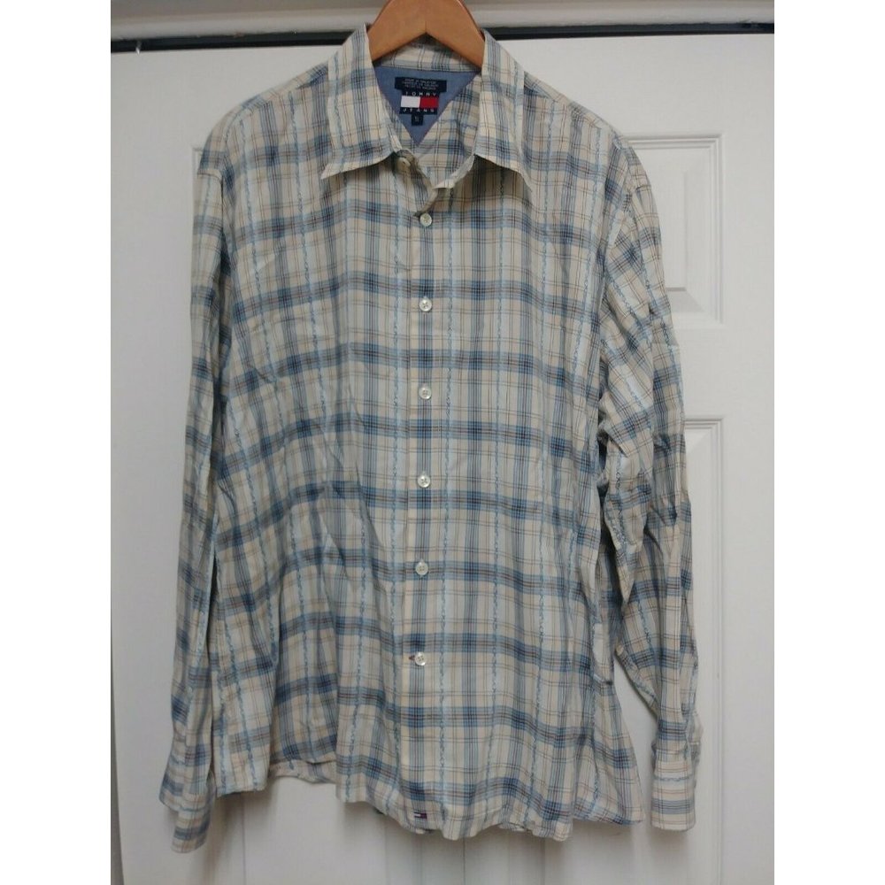 Tommy Hilfiger Jeans Plaid Long Sleeve Button Up Shirt tan blue Mens XL‎